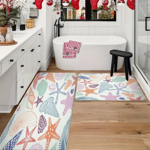 2 Piece Kitchen Rug Set - Cartoon Seashell Starfish for Kitchen and Bathroom