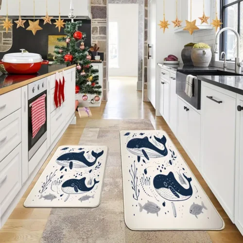 2 Piece Kitchen Rug Set - Cartoon Blue Whale for Kitchen and Bathroom