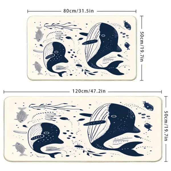 2 Piece Kitchen Rug Set - Cartoon Blue Whale for Kitchen and Bathroom