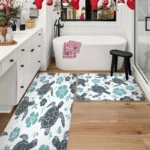2 Piece Kitchen Rug Set - Gray Turtle Flower for Kitchen and Bathroom