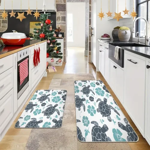 2 Piece Kitchen Rug Set - Gray Turtle Flower for Kitchen and Bathroom