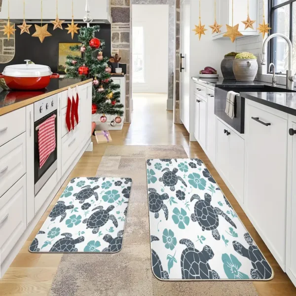 2 Piece Kitchen Rug Set - Gray Turtle Flower for Kitchen and Bathroom