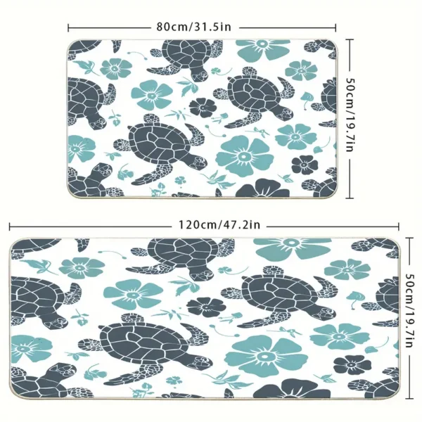 2 Piece Kitchen Rug Set - Gray Turtle Flower for Kitchen and Bathroom