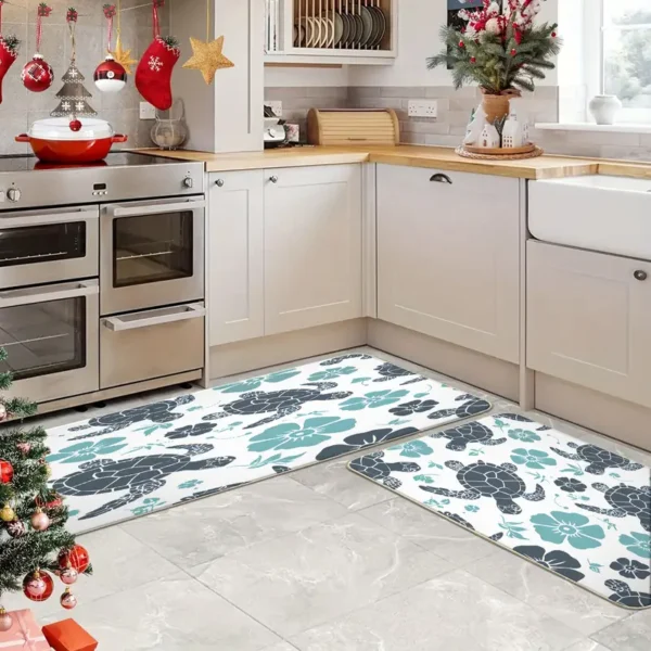 2 Piece Kitchen Rug Set - Gray Turtle Flower for Kitchen and Bathroom
