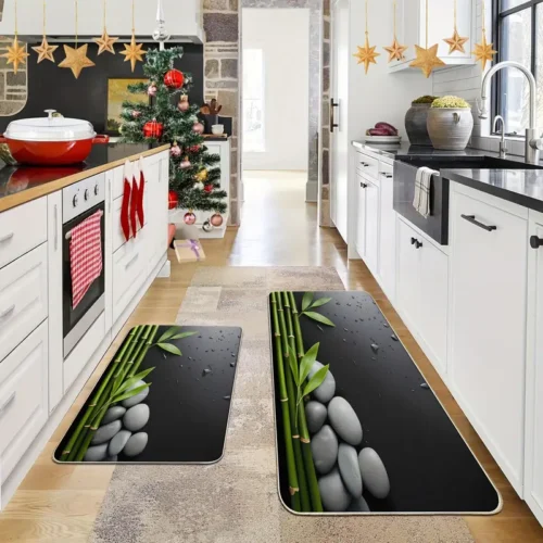 2 Piece Kitchen Rug Set - Gray Pebble Bamboo for Kitchen and Bathroom