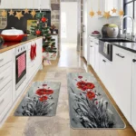 2 Piece Kitchen Rug Set - Red Floral Design for Kitchen and Bathroom