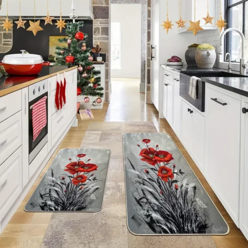2 Piece Kitchen Rug Set - Red Floral Design for Kitchen and Bathroom