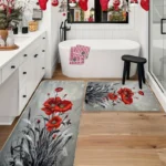 2 Piece Kitchen Rug Set - Red Floral Design for Kitchen and Bathroom