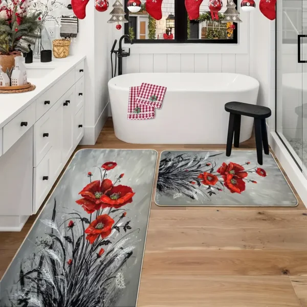 2 Piece Kitchen Rug Set - Red Floral Design for Kitchen and Bathroom