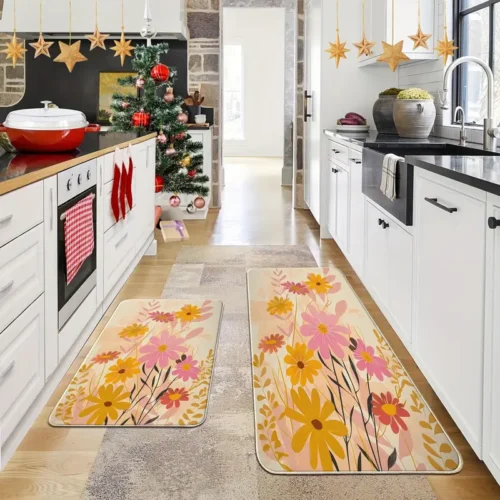 2 Piece Kitchen Rug Set - Floral Pattern for Kitchen and Bathroom