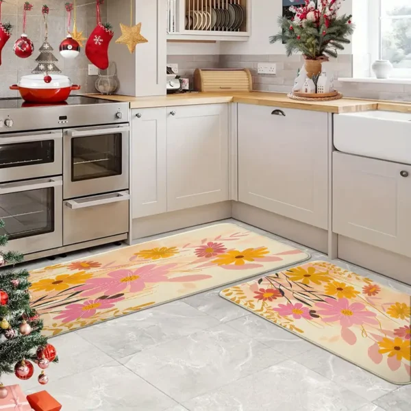 2 Piece Kitchen Rug Set - Floral Pattern for Kitchen and Bathroom