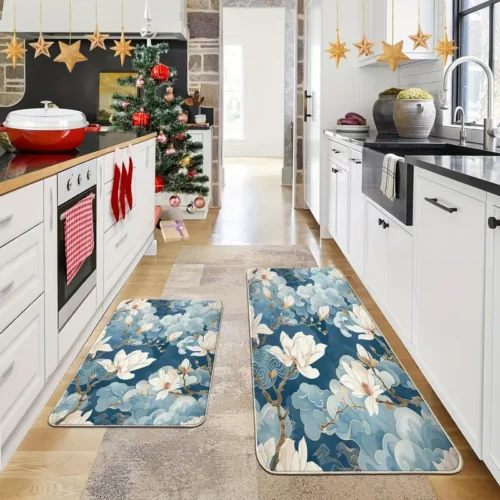 2 Piece Kitchen Rug Set - Floral Flowers for Kitchen and Bathroom