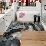 2 Piece Kitchen Rug Set - Black Gray Gilt for Kitchen and Bathroom
