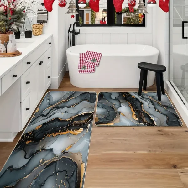 2 Piece Kitchen Rug Set - Black Gray Gilt for Kitchen and Bathroom