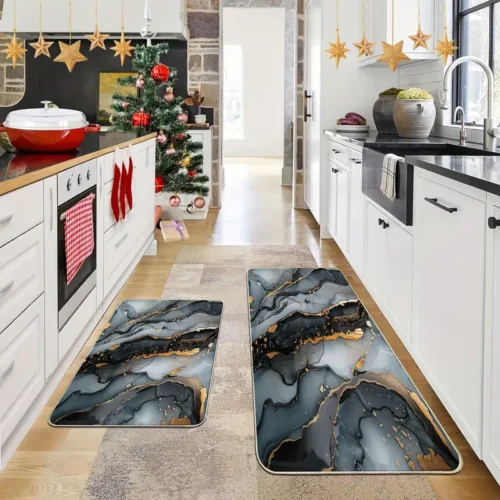 2 Piece Kitchen Rug Set - Black Gray Gilt for Kitchen and Bathroom
