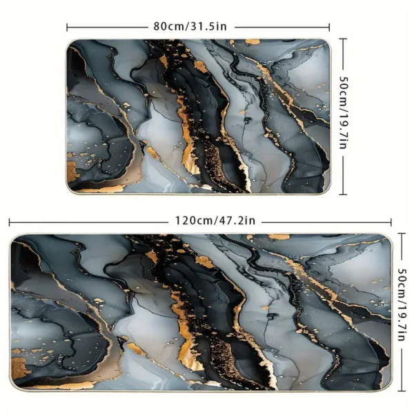 2 Piece Kitchen Rug Set - Black Gray Gilt for Kitchen and Bathroom