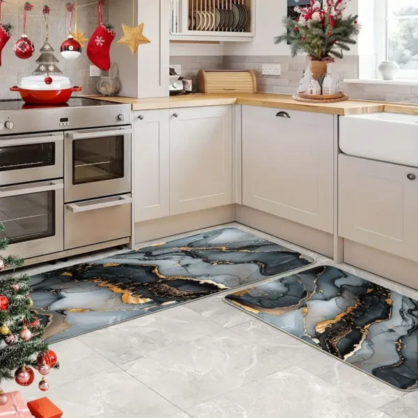 2 Piece Kitchen Rug Set - Black Gray Gilt for Kitchen and Bathroom