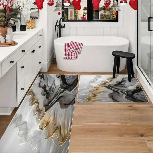 2 Piece Kitchen Rug Set - Black Gold Curved Lines for Kitchen and Bathroom