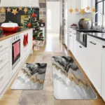 2 Piece Kitchen Rug Set - Black Gold Curved Lines for Kitchen and Bathroom
