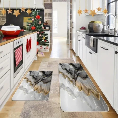 2 Piece Kitchen Rug Set - Black Gold Curved Lines for Kitchen and Bathroom