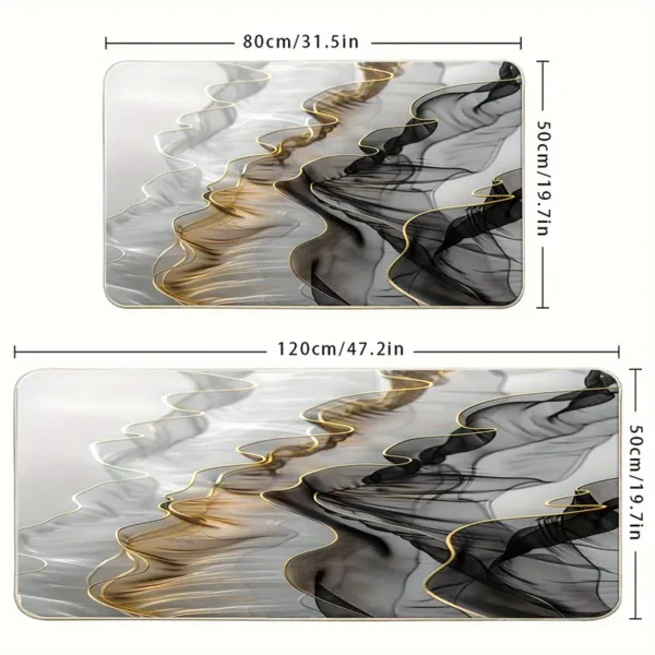 2 Piece Kitchen Rug Set - Black Gold Curved Lines for Kitchen and Bathroom