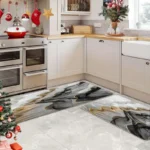 2 Piece Kitchen Rug Set - Black Gold Curved Lines for Kitchen and Bathroom