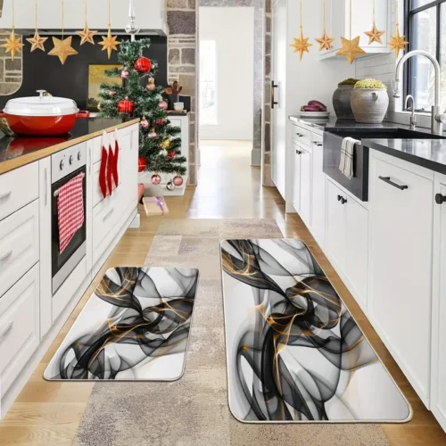 2 Piece Kitchen Rug Set - Black and Gold Smoke for Kitchen and Bathroom